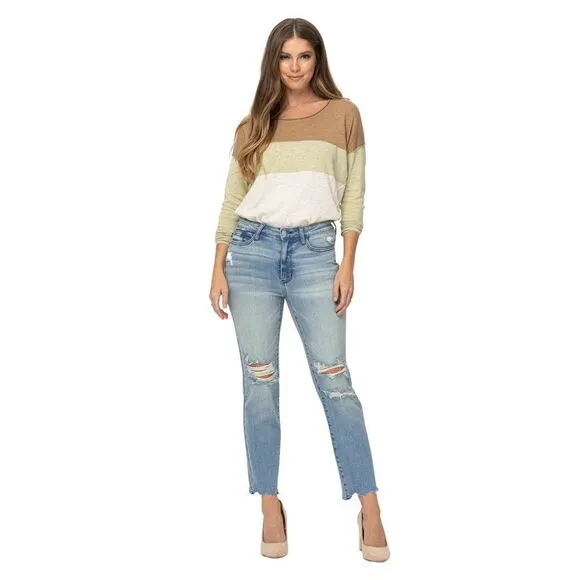 Judy Blue Women's Mid-Rise Destroyed Tinted Wash Cropped Straight-Leg Jeans 16