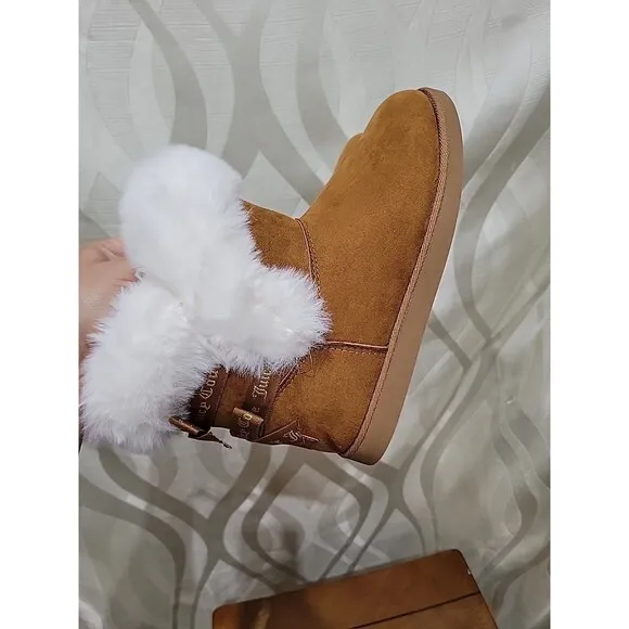 Juicy Couture King Brown Cognac Bow Detail Faux Fur Lined Insulated Boots- SZ 9