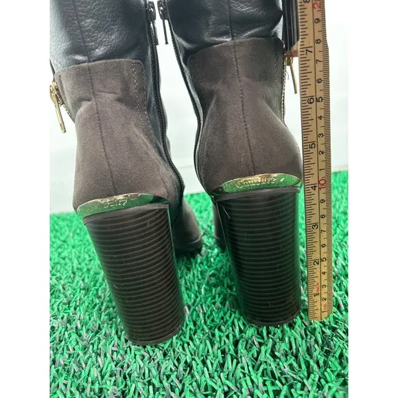 Juicy Couture Suede Ankle Boots Block Heel Gold Zipper Accents Booties size 8.5
