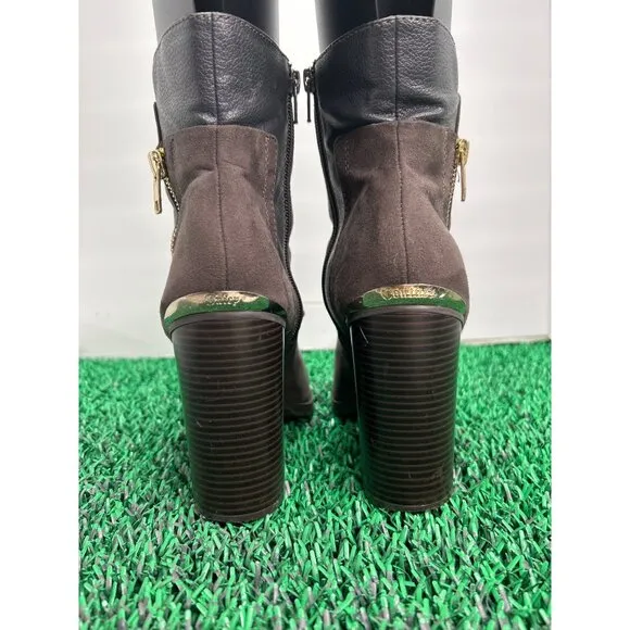 Juicy Couture Suede Ankle Boots Block Heel Gold Zipper Accents Booties size 8.5