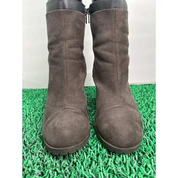 Juicy Couture Suede Ankle Boots Block Heel Gold Zipper Accents Booties size 8.5