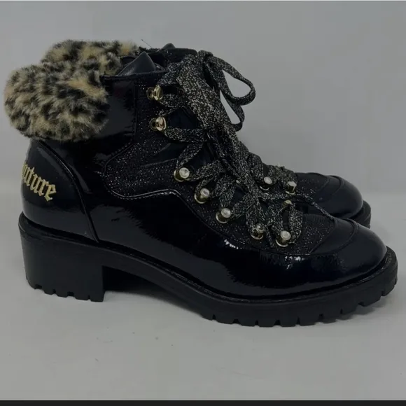 Juicy Couture Women's Indulgence Boots Faux Leather Lug Sole Embroidered 7.5M