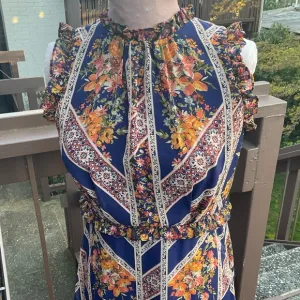 Julia Jordan sleeveless floral navy &amp; peach cottagecore high low hemline dress 4