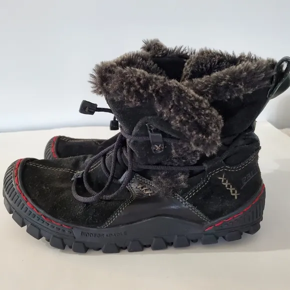 KALSO EARTH Sz 7 Black Suede Ankle Boots Faux Fur Winter Lace Up Gorp Boho Comfy