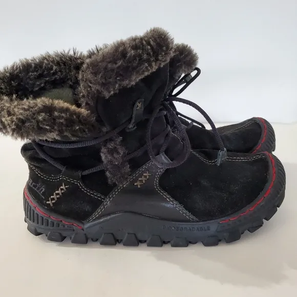 KALSO EARTH Sz 7 Black Suede Ankle Boots Faux Fur Winter Lace Up Gorp Boho Comfy
