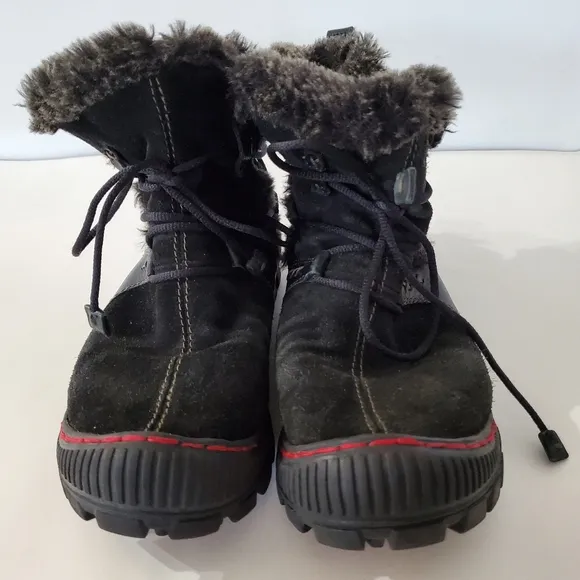 KALSO EARTH Sz 7 Black Suede Ankle Boots Faux Fur Winter Lace Up Gorp Boho Comfy