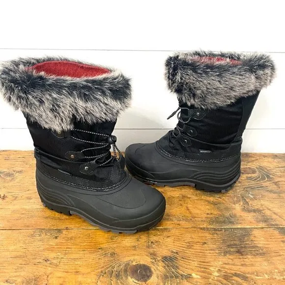 Kamik Powdery 3 Black Faux Fur Trimmed Winter Snow Boots, Size Big Kids Size 5