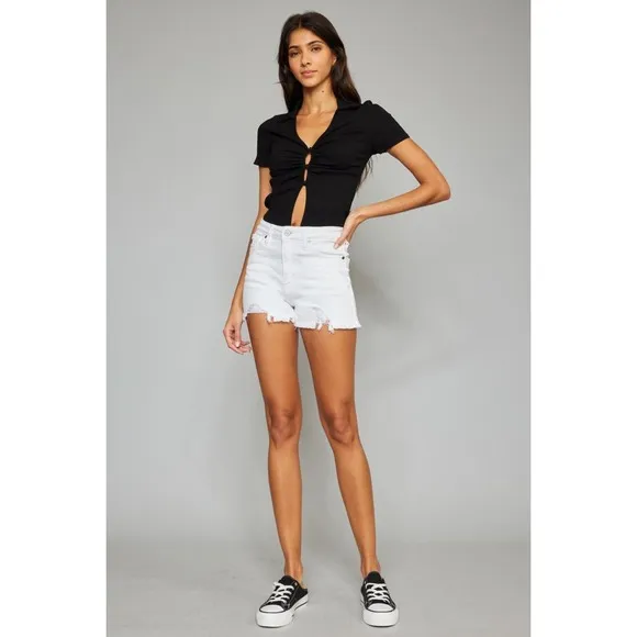 KANCAN White Distressed High Rise Frayed Hem Denim Shorts Summer NEW