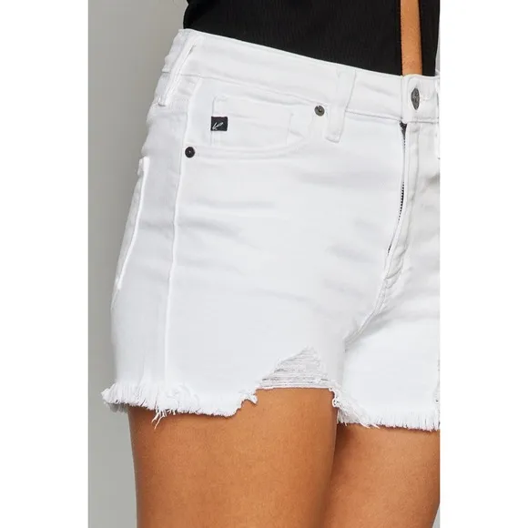 KANCAN White Distressed High Rise Frayed Hem Denim Shorts Summer NEW