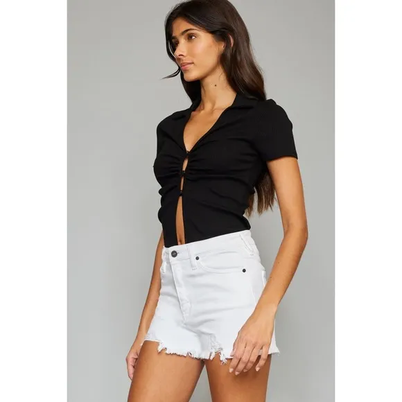 KANCAN White Distressed High Rise Frayed Hem Denim Shorts Summer NEW