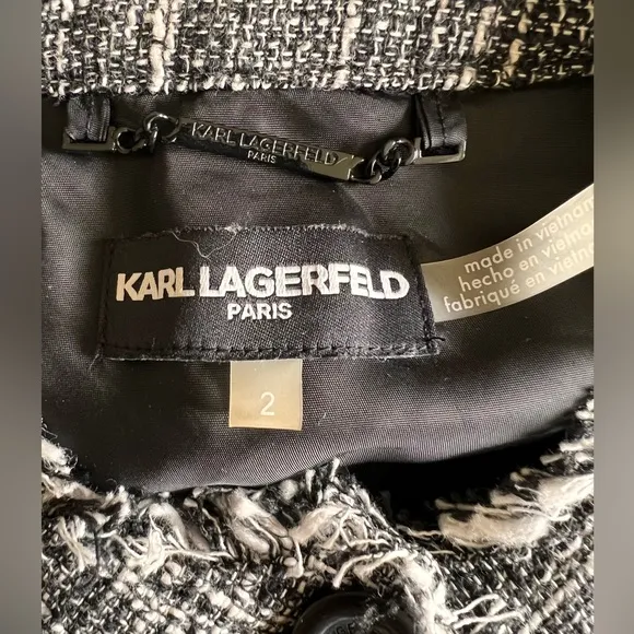 Karl Lagerfeld Black and White Tweed Coat with Fringe Size 2