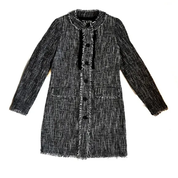 Karl Lagerfeld Black and White Tweed Coat with Fringe Size 2