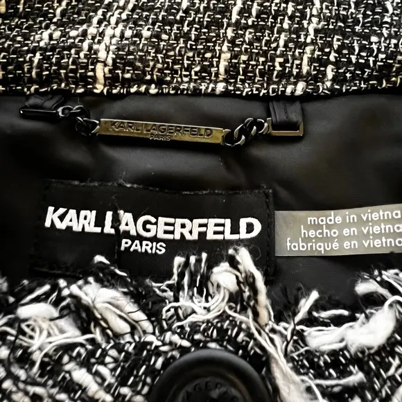 Karl Lagerfeld Black and White Tweed Coat with Fringe Size 2