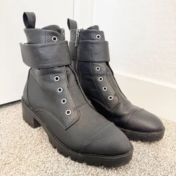 Karl Lagerfeld Paris Payson Lug Combat Moto Boots Heel Black Biker Winter Size 8