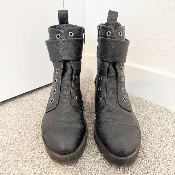 Karl Lagerfeld Paris Payson Lug Combat Moto Boots Heel Black Biker Winter Size 8