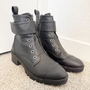 Karl Lagerfeld Paris Payson Lug Combat Moto Boots Heel Black Biker Winter Size 8