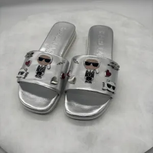 Karl Lagerfeld Silver Slide Sandals with Cartoon Design Size 6.5