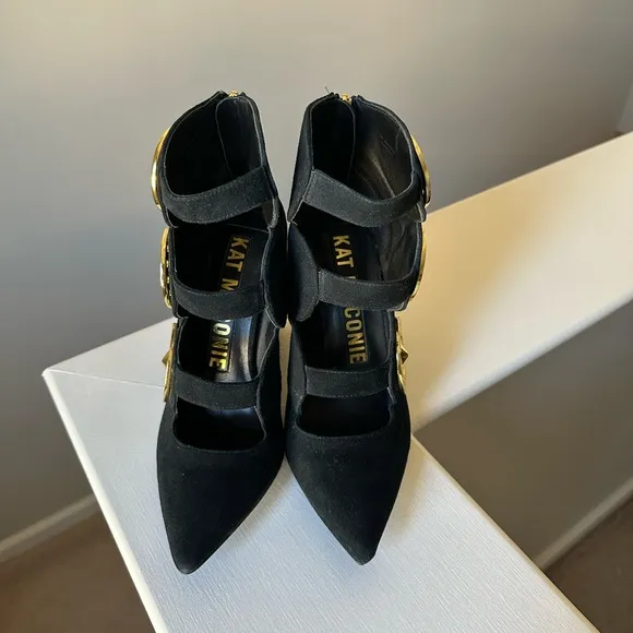 KAT MACONIE Black Gold Suede Leather High Heels Gladiator Ankle Boots