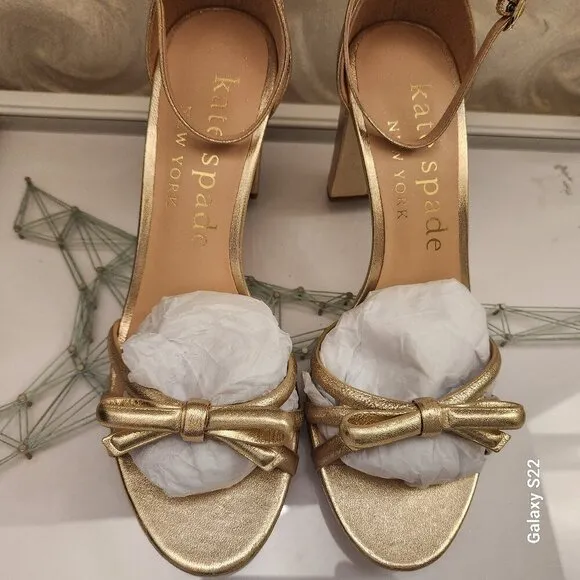 Kate Spade &quot;Flamenco&quot; Metallic Leather Heeled Sandals. Gold. NIB. Size 9