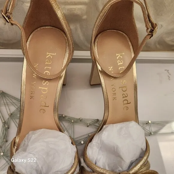 Kate Spade &quot;Flamenco&quot; Metallic Leather Heeled Sandals. Gold. NIB. Size 9