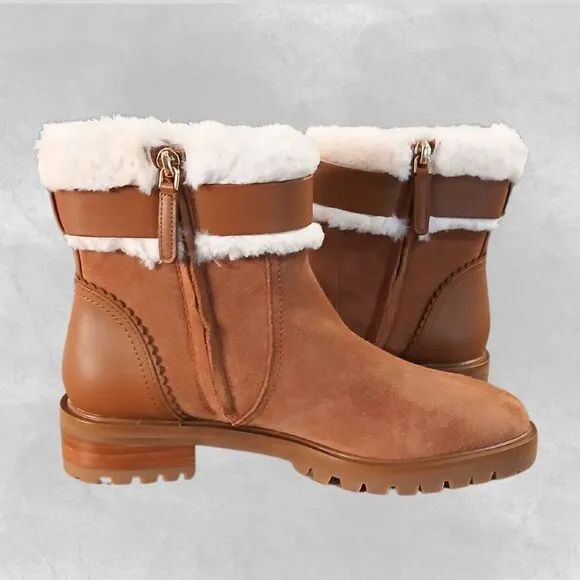 Kate Spade Ankle Boot Women 6 Brown White Suede Bailee Winter Fur Trim Zip KA166