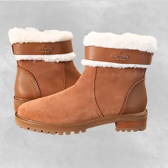 Kate Spade Ankle Boot Women 6 Brown White Suede Bailee Winter Fur Trim Zip KA166