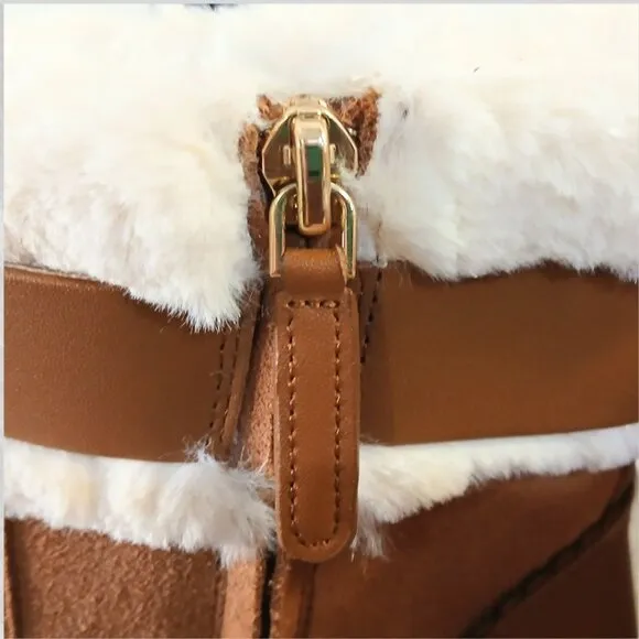 Kate Spade Ankle Boot Women 6 Brown White Suede Bailee Winter Fur Trim Zip KA166