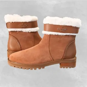 Kate Spade Ankle Boot Women 6 Brown White Suede Bailee Winter Fur Trim Zip KA166