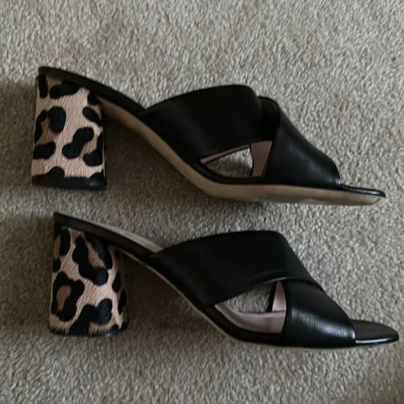 Kate Spade Denault Black Leather Leopard Calfhair Criss-Cross Sandals size 10
