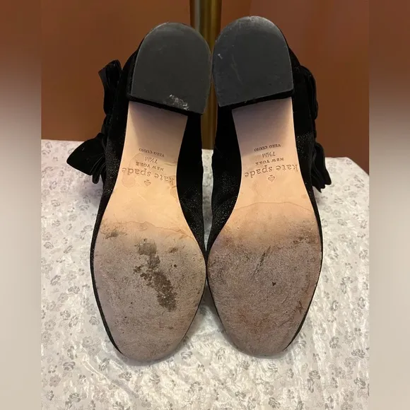 Kate Spade Langley black/gold suede tie ankle boots 7.5M