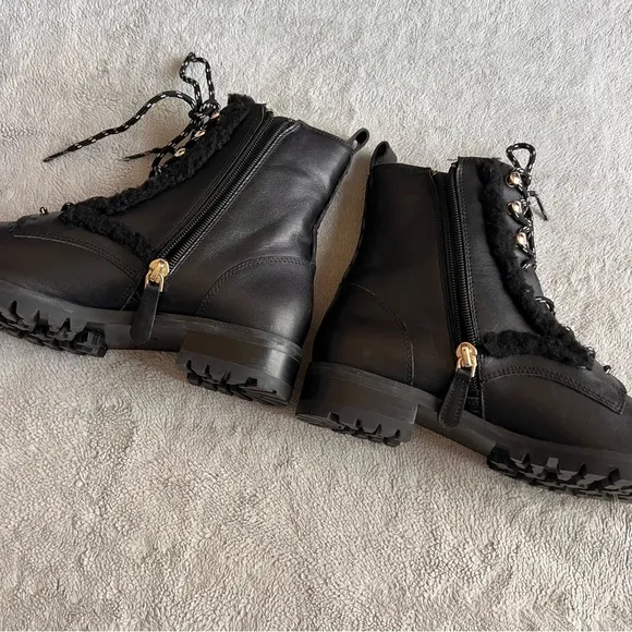 Kate Spade Raquelle Lug Sole Lace-Up Sherpa Faux Fur Combat Boot Black Sz 6