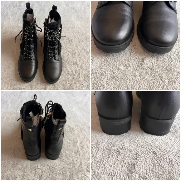 Kate Spade Raquelle Lug Sole Lace-Up Sherpa Faux Fur Combat Boot Black Sz 6