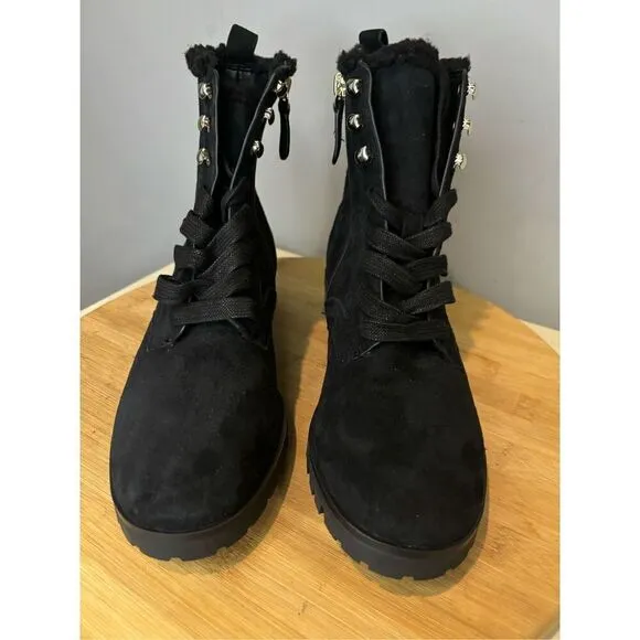 Kate Spade Women's Raegan Suede Leather Faux Fur Lace Moto Boots Black Size 6