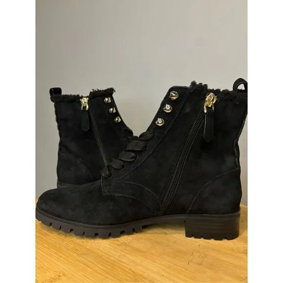 Kate Spade Women's Raegan Suede Leather Faux Fur Lace Moto Boots Black Size 6