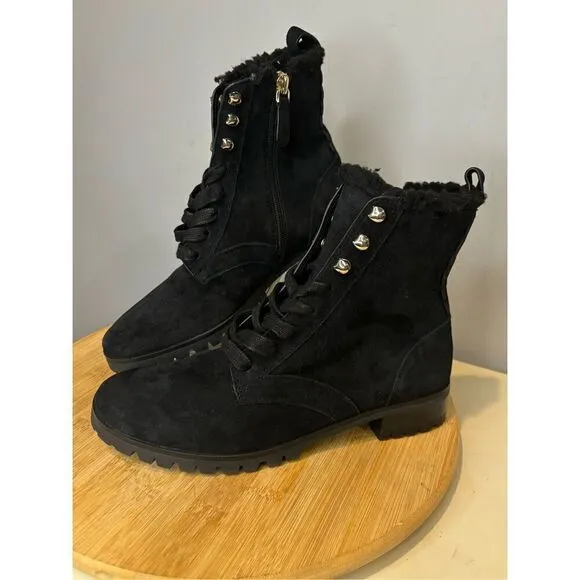 Kate Spade Women's Raegan Suede Leather Faux Fur Lace Moto Boots Black Size 6