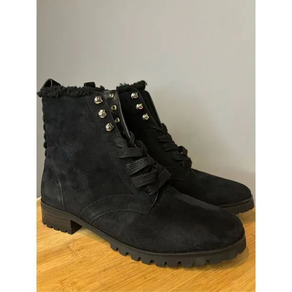 Kate Spade Women's Raegan Suede Leather Faux Fur Lace Moto Boots Black Size 6
