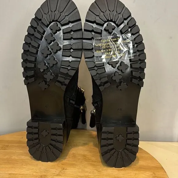 Kate Spade Women's Raegan Suede Leather Faux Fur Lace Moto Boots Black Size 6