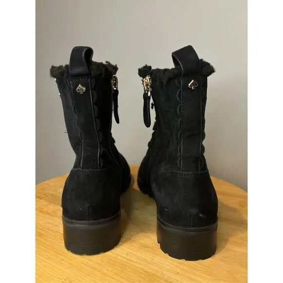 Kate Spade Women's Raegan Suede Leather Faux Fur Lace Moto Boots Black Size 6