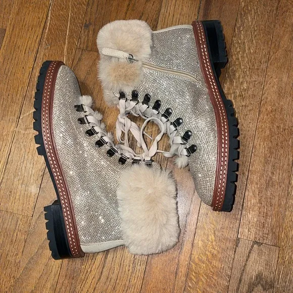 •KATE SPADE•NIB ROSALIE GOLD METALLIC FAUX FUR ANKLE LACE UP BOOTIES SIZE 7