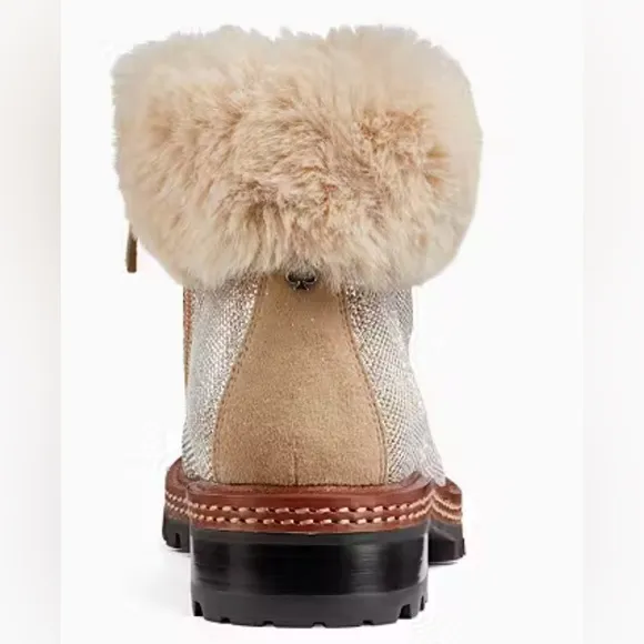 •KATE SPADE•NIB ROSALIE GOLD METALLIC FAUX FUR ANKLE LACE UP BOOTIES SIZE 7