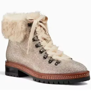 •KATE SPADE•NIB ROSALIE GOLD METALLIC FAUX FUR ANKLE LACE UP BOOTIES SIZE 7