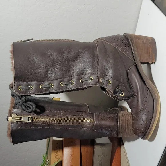 KELSI DAGGER Brooklyn Mashida Wingtip Leather Faux Sherling Lined Boots 5.5