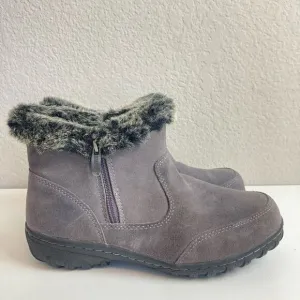 Khombu Gray Suede Ankle Boots Faux Fur Cuff Women’s 8 Winter Booties Double Zip