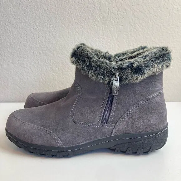 Khombu Gray Suede Ankle Boots Faux Fur Cuff Women’s 8 Winter Booties Double Zip
