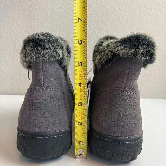 Khombu Gray Suede Ankle Boots Faux Fur Cuff Women’s 8 Winter Booties Double Zip