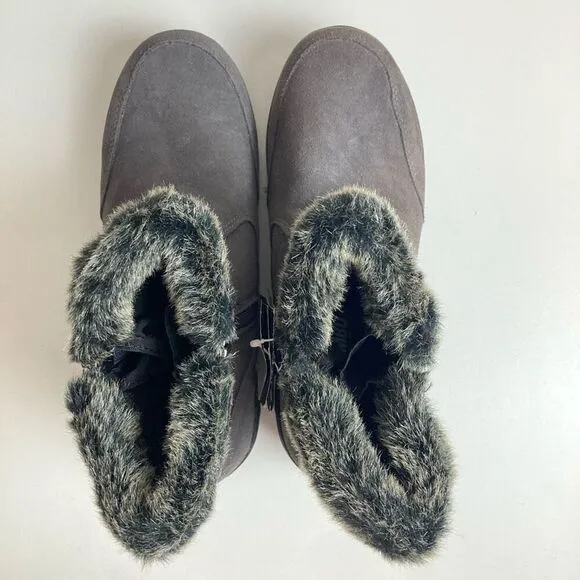 Khombu Gray Suede Ankle Boots Faux Fur Cuff Women’s 8 Winter Booties Double Zip