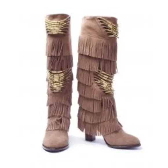 Kitson Star Ash Blonde Ambition Taupe Fringe Boots