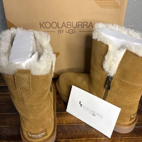Koolaburra By Ugg Aribel Short Winter Boots Kids 3 Brown Faux Fur Lining NEW