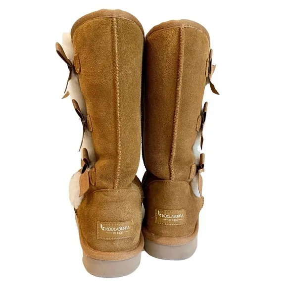 Koolaburra by UGG Tall Boots Chestnut Suede Leather Faux Fur Pom Pom Size 8