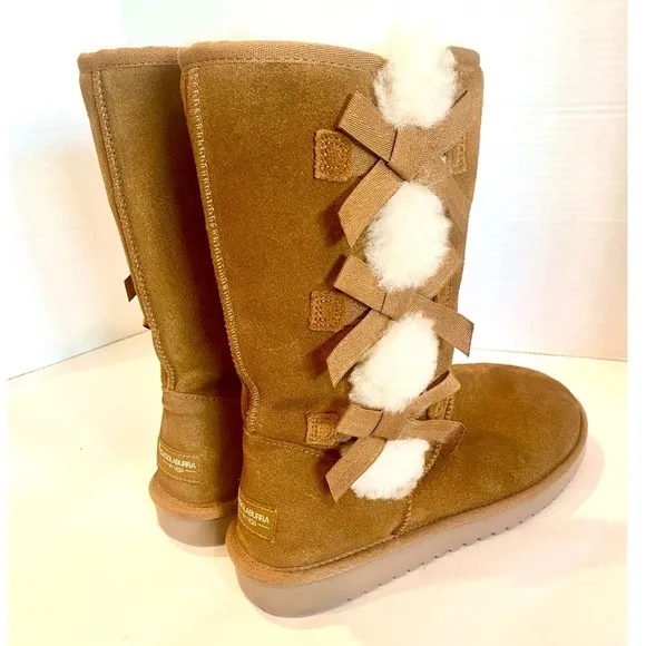 Koolaburra by UGG Tall Boots Chestnut Suede Leather Faux Fur Pom Pom Size 8